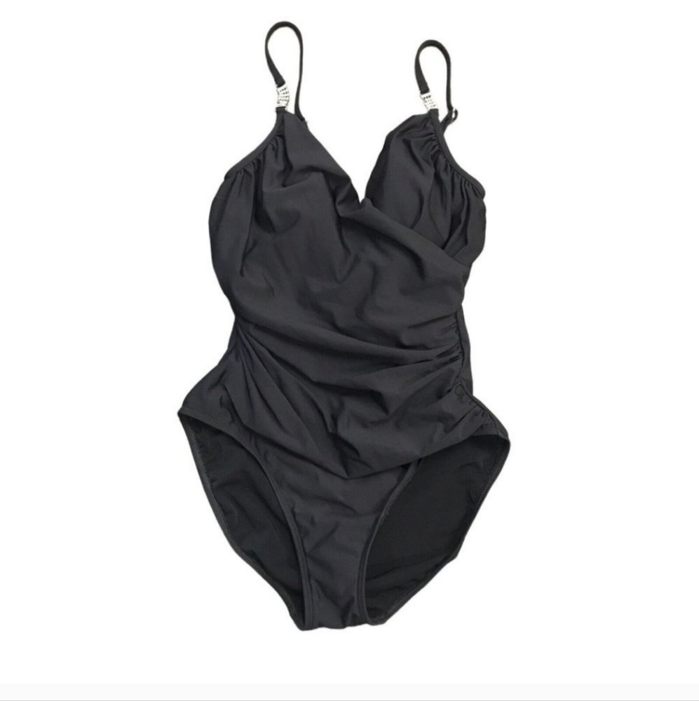 Shape FX Swim 10 Black One Piece Shaping Slimming Rhinestone Bling Swimsuit
